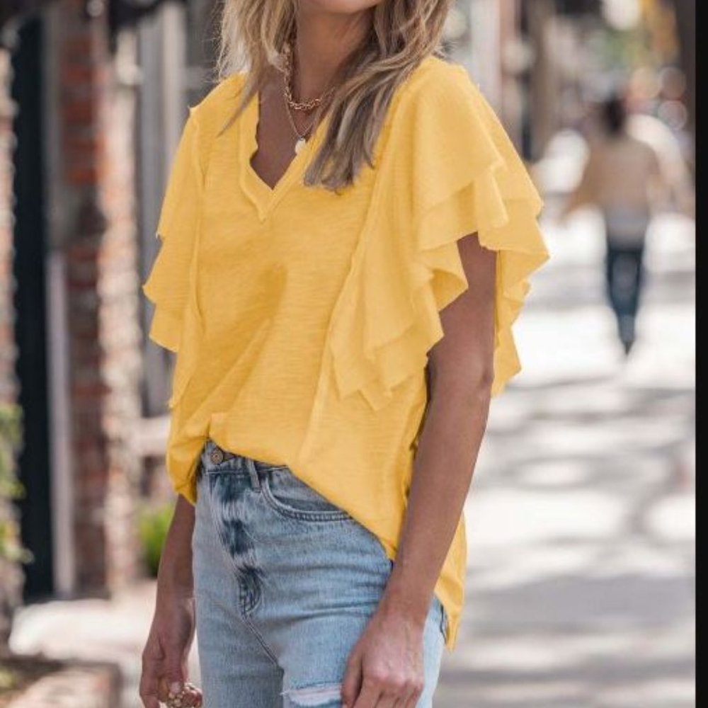Mustard Drop Shoulder Tiered Ruffle V-Neck Top
